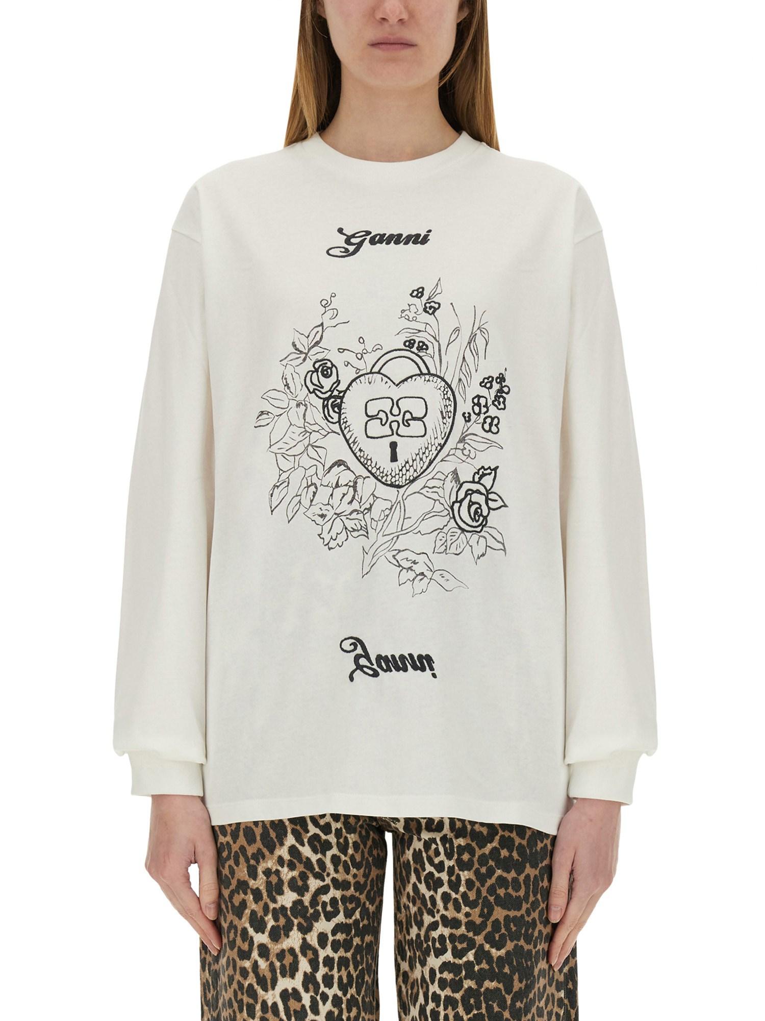 【関税&送料込み】Ganni Cotton Embroidered T-Shirt Ganni Cotton Embroidered T-Shirt in Grey | Lyst UK