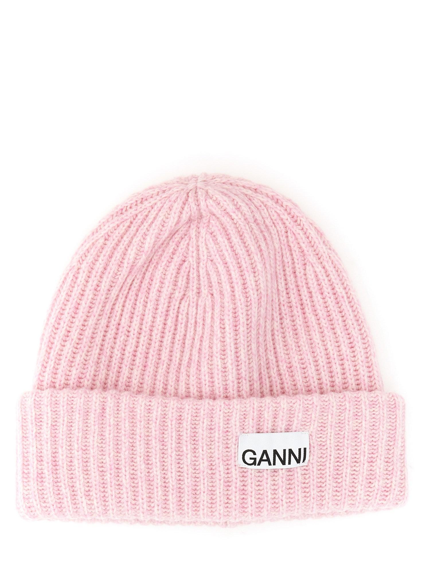 Ganni Beanie Hat With Logo in Pink | Lyst