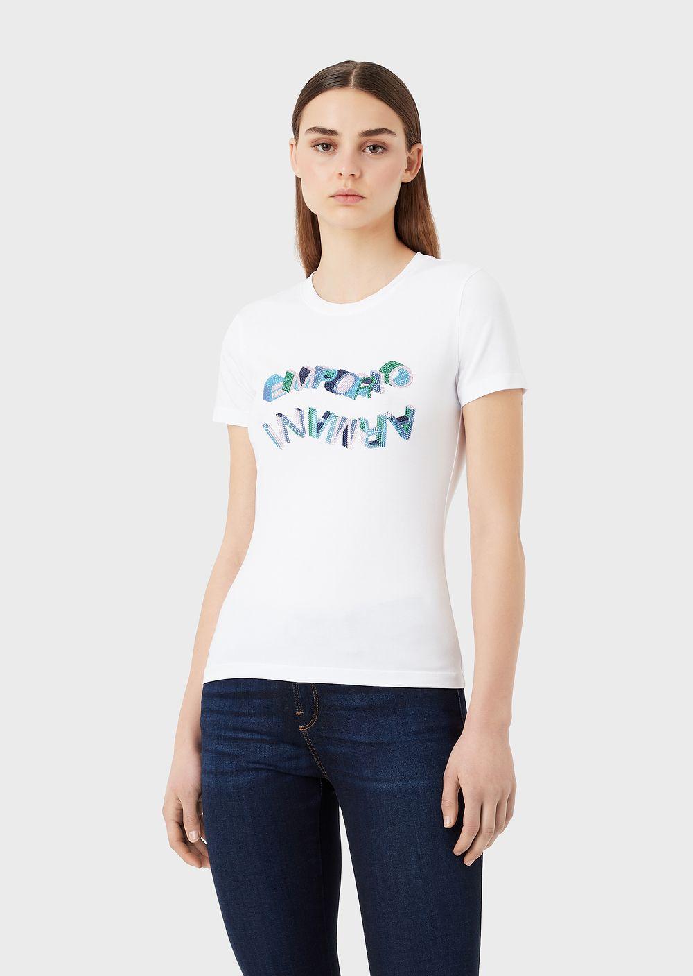 Emporio Armani Organic Stretch-jersey T-shirt With Multicoloured Rhinestone  Logo in White | Lyst UK