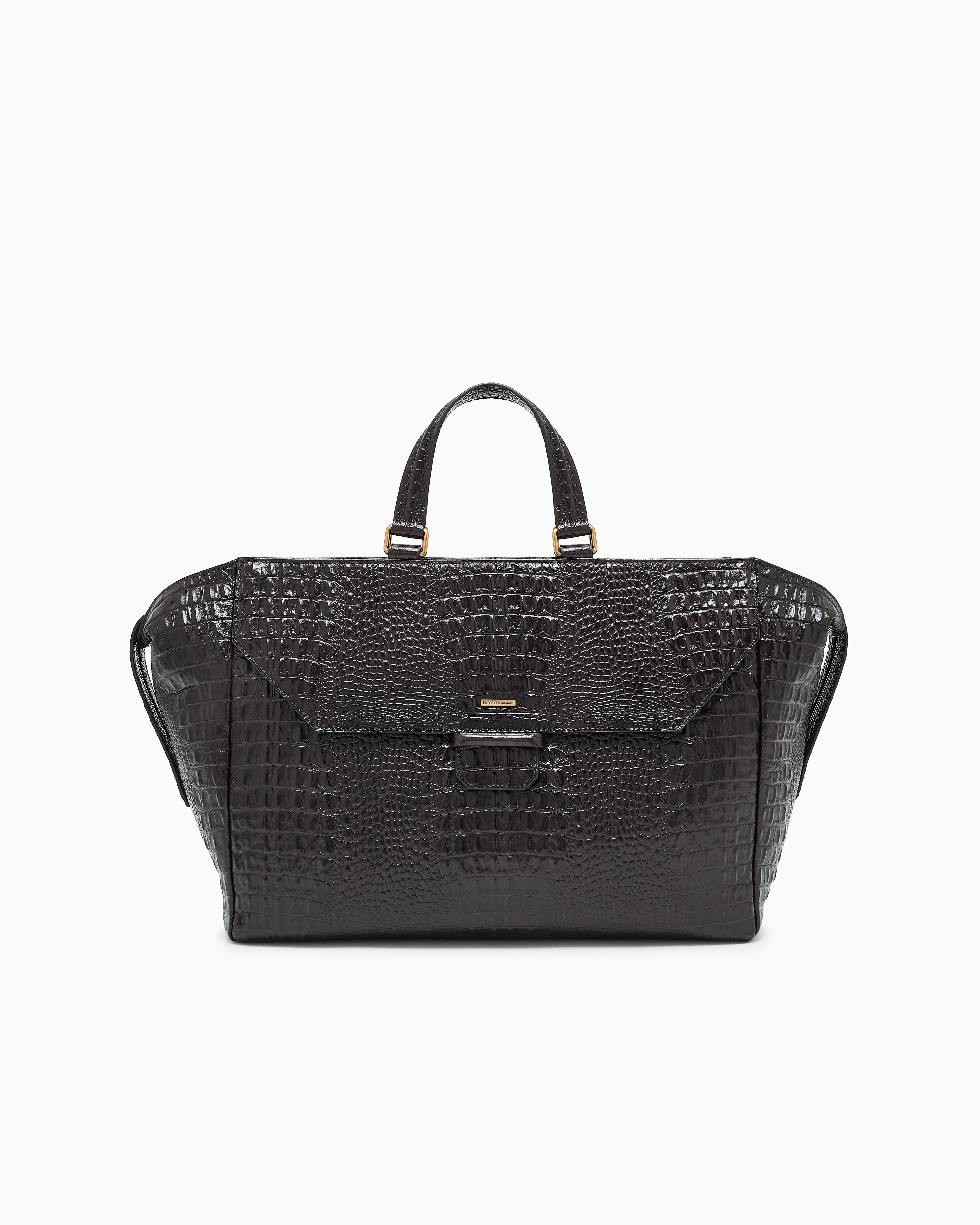 Emporio Armani Crocodile-Embossed Leather Briefcase in Black for