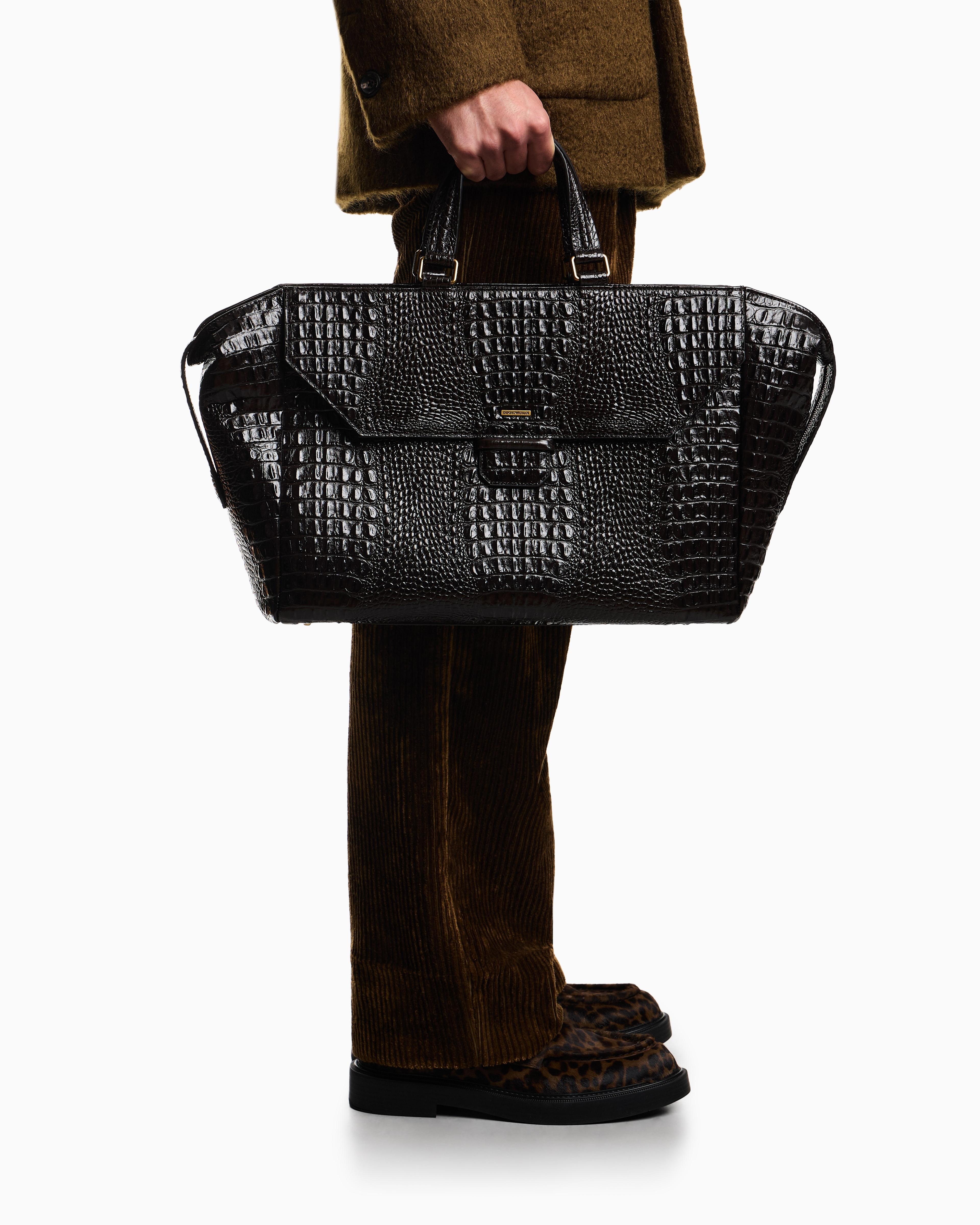 Emporio Armani Crocodile-Embossed Leather Briefcase in Black for