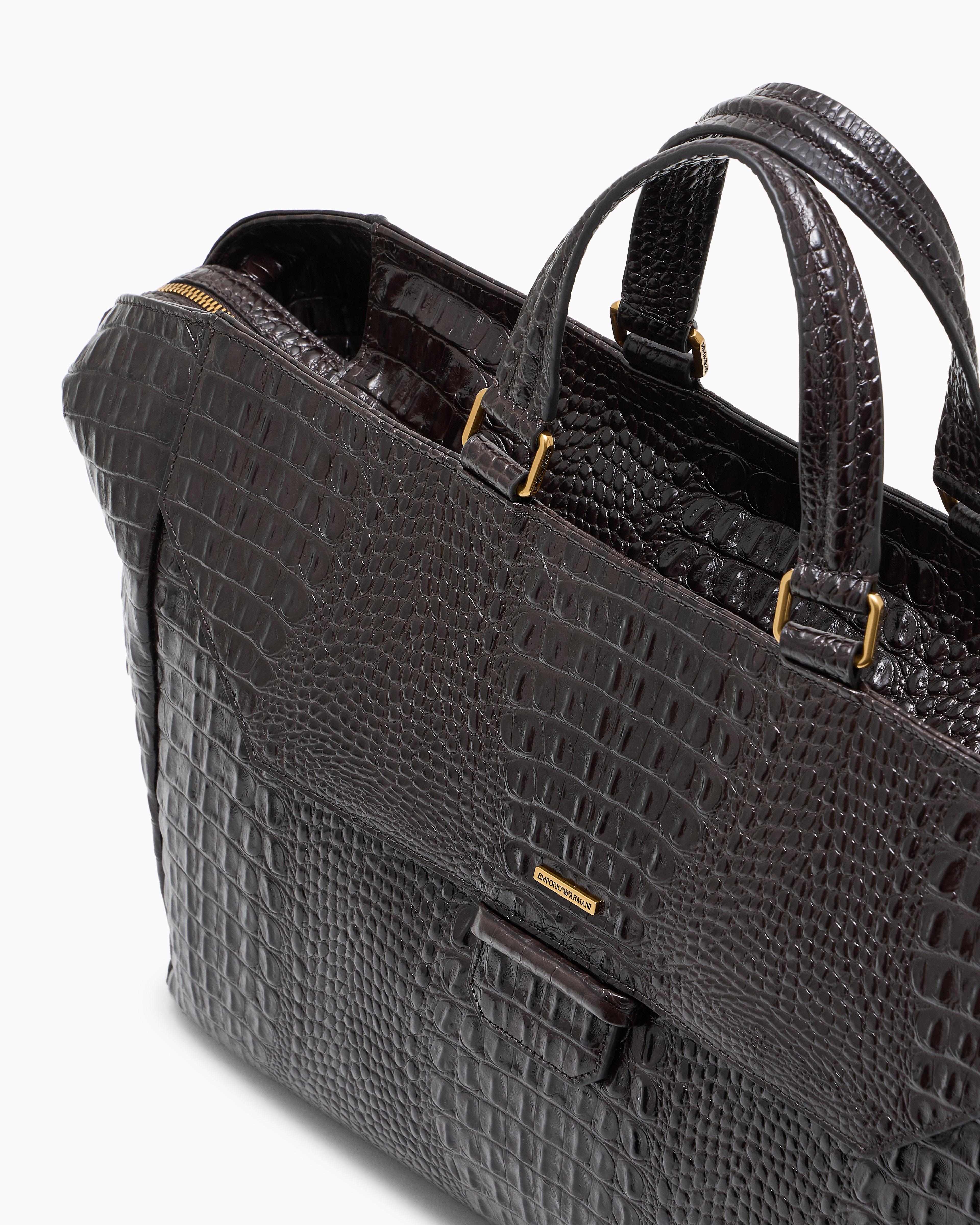 Emporio Armani Crocodile-Embossed Leather Briefcase in Black for