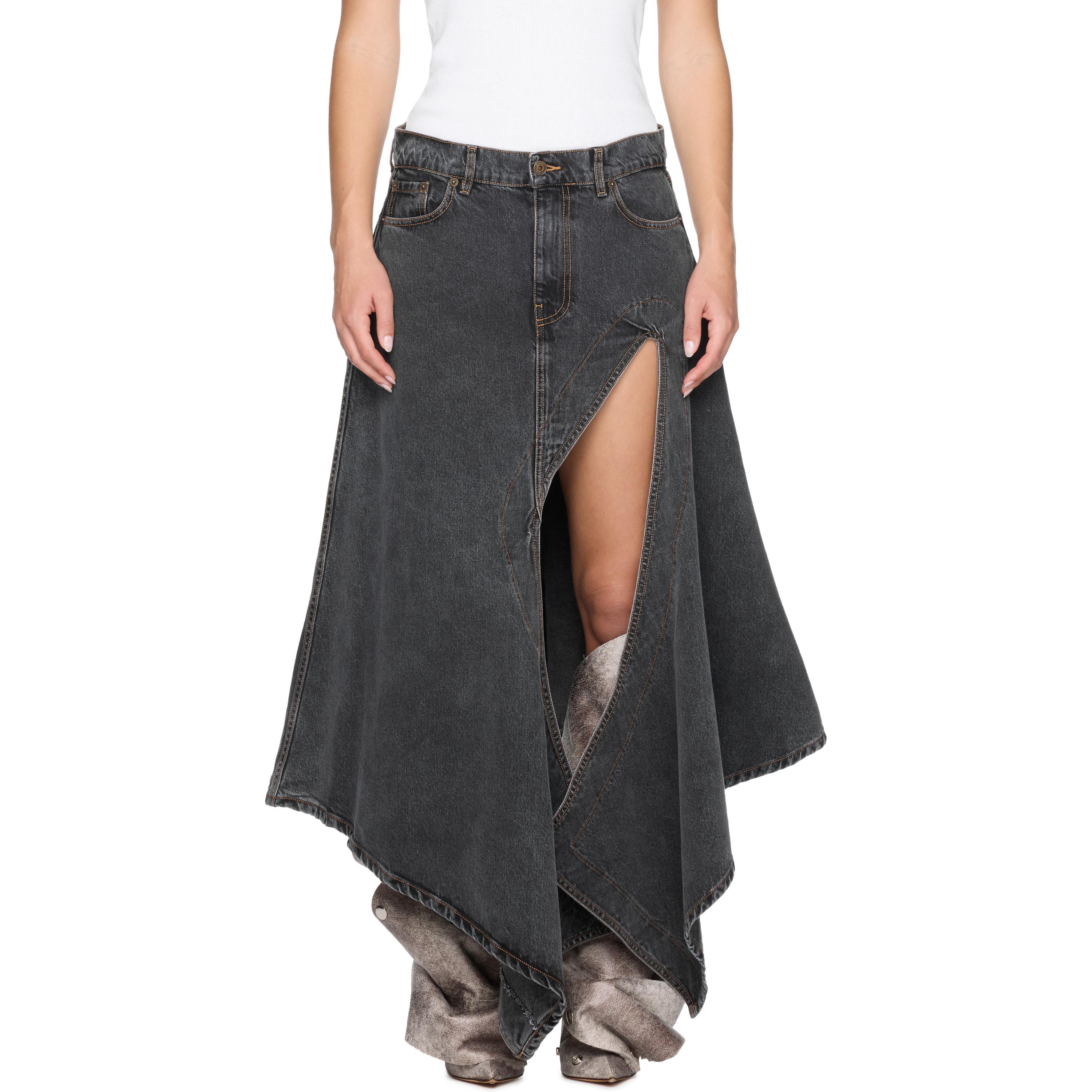 スカート Y PROJECT Women Skirts 102DR017EVERGREEN Black Evergreen denim midi skirt in black - Y Project | Mytheresa