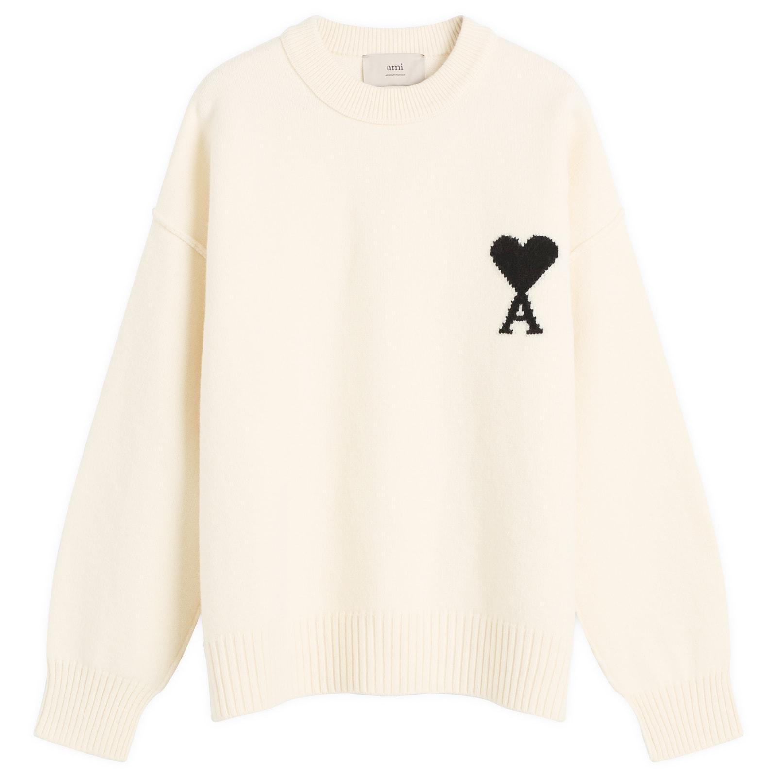 Ami Paris Felted Merino Wool Knit Adc Crew Neck Jumper in White 