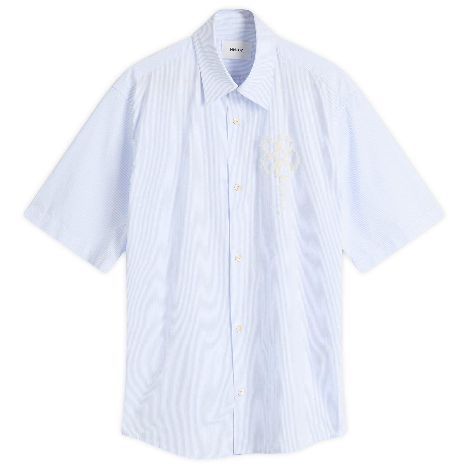NN07 Freddy Flower Embroidery Short Sleeve Shirt in Blue for Men