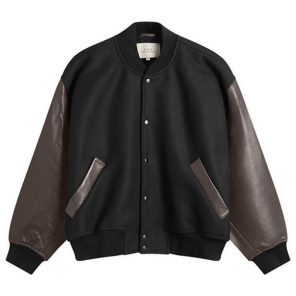 Studio Nicholson Alph Leather Wool Varsity Bomber Jacket in Black