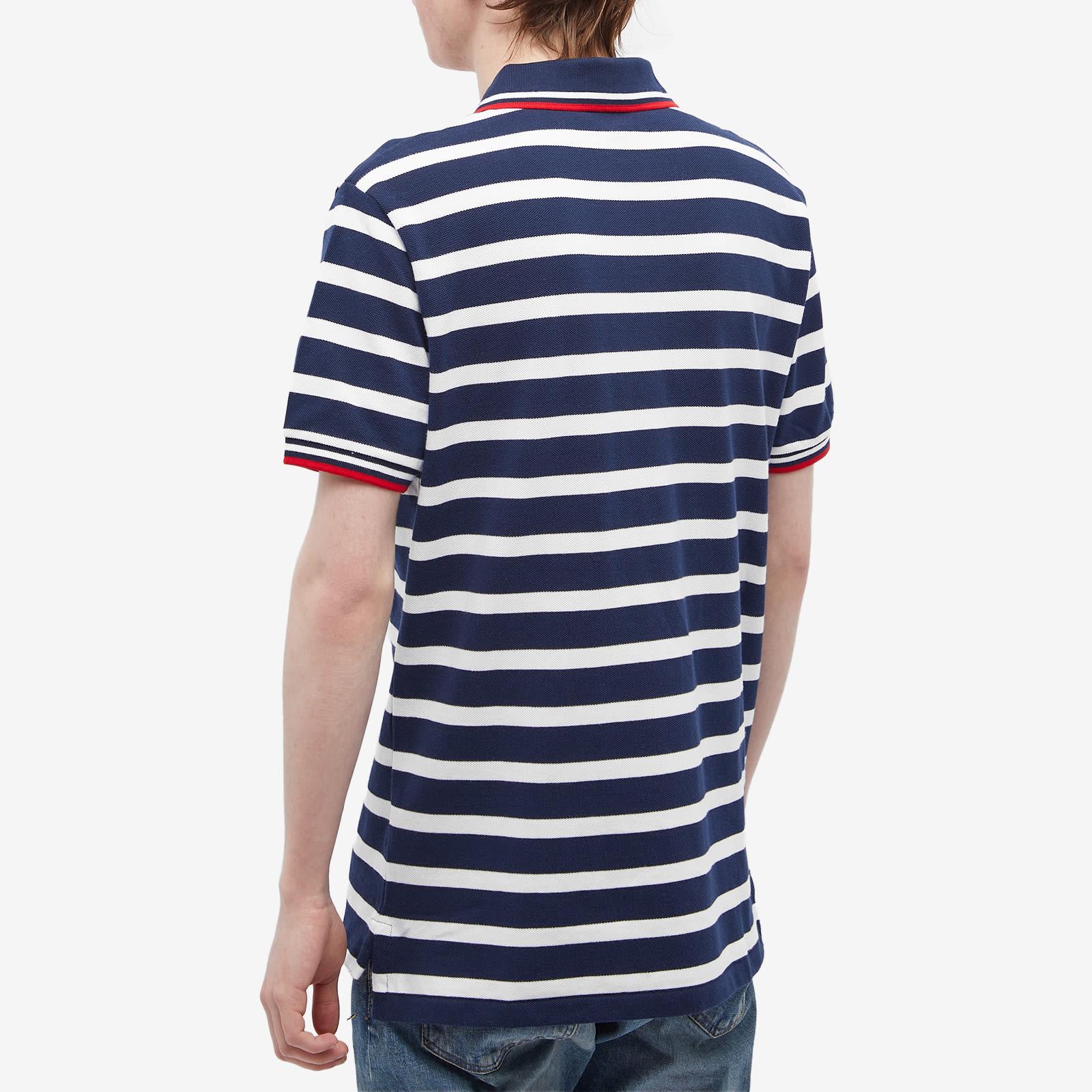 red white and blue striped polo shirt
