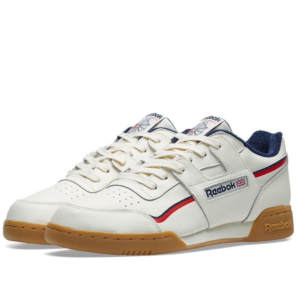 reebok workout plus white trainers with gum sole