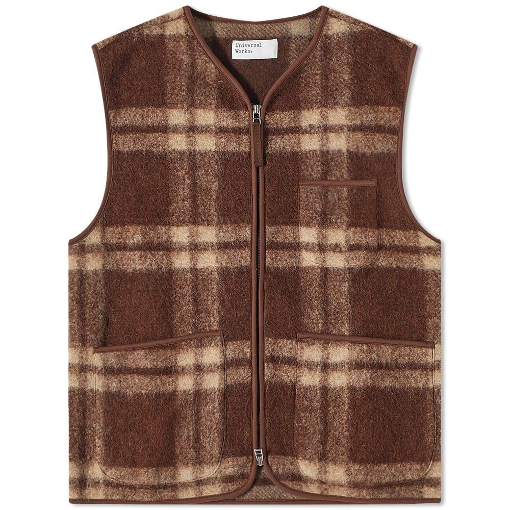 Universal Works Check Wool Fleece Zip Gilet in Brown for Men | Lyst UK