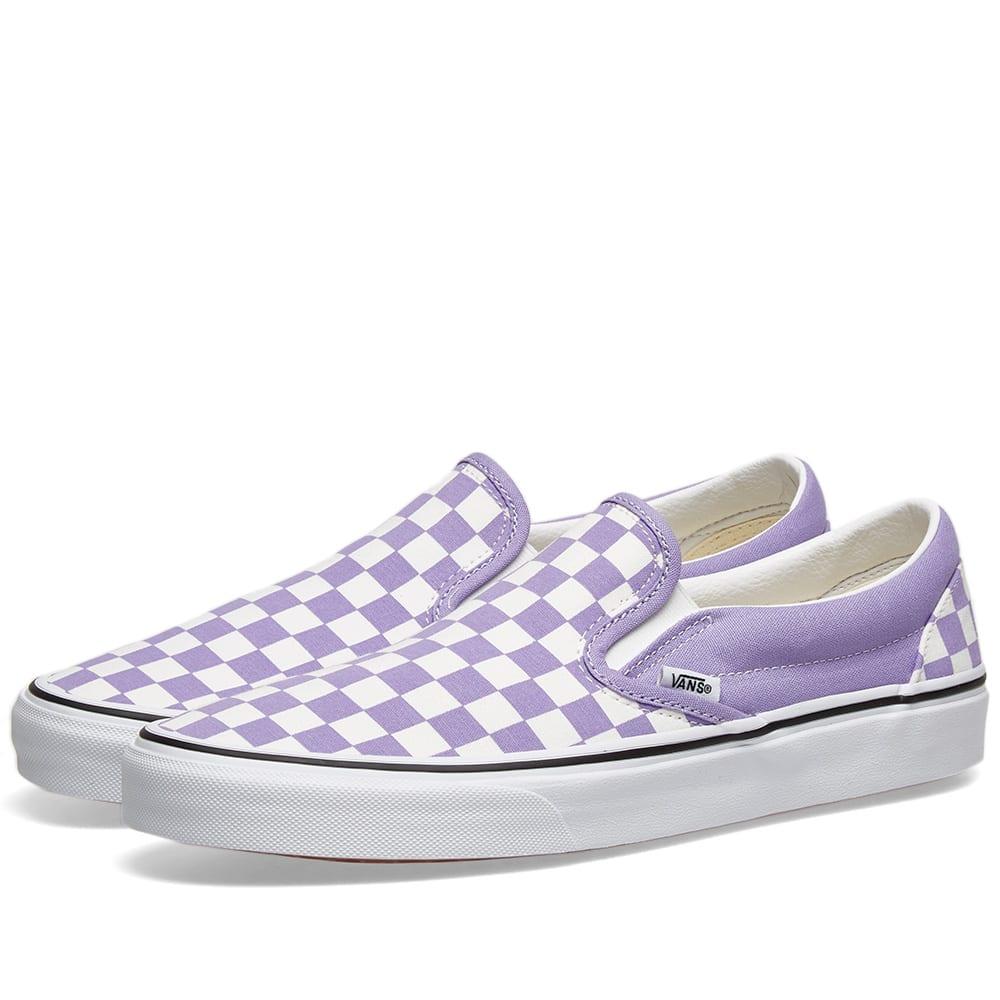 purple checkered slip on vans