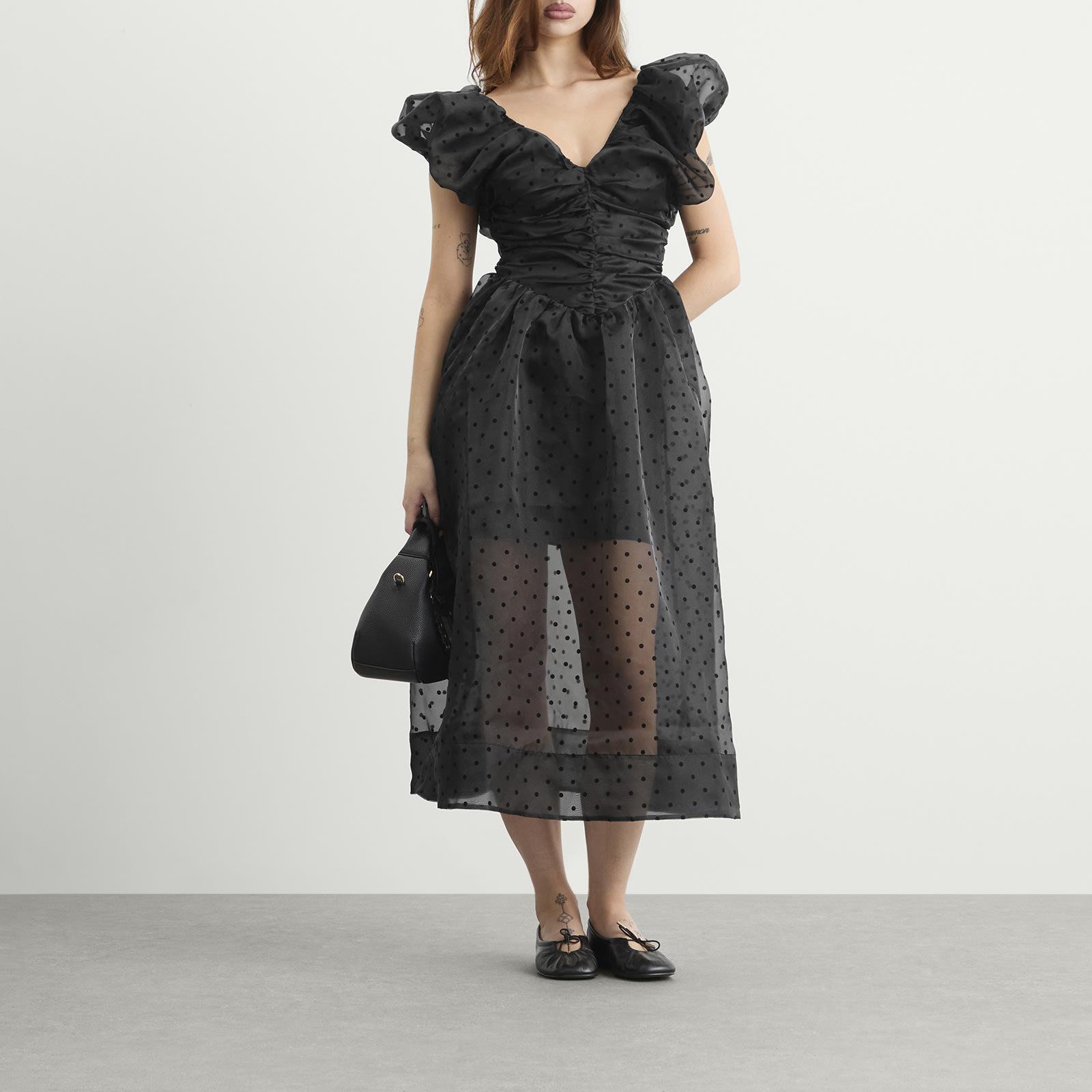 ganni black ruffle dress Ganni Ruffle Collar Wavy Waist Oversize Wrap Dress