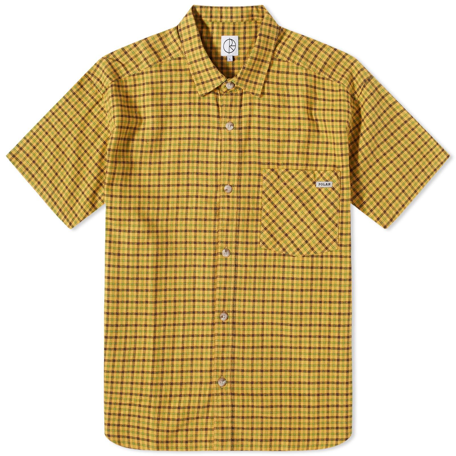 Plaid Shirt Mens Yellow Button Down Shirt Short Sleeve Trojan