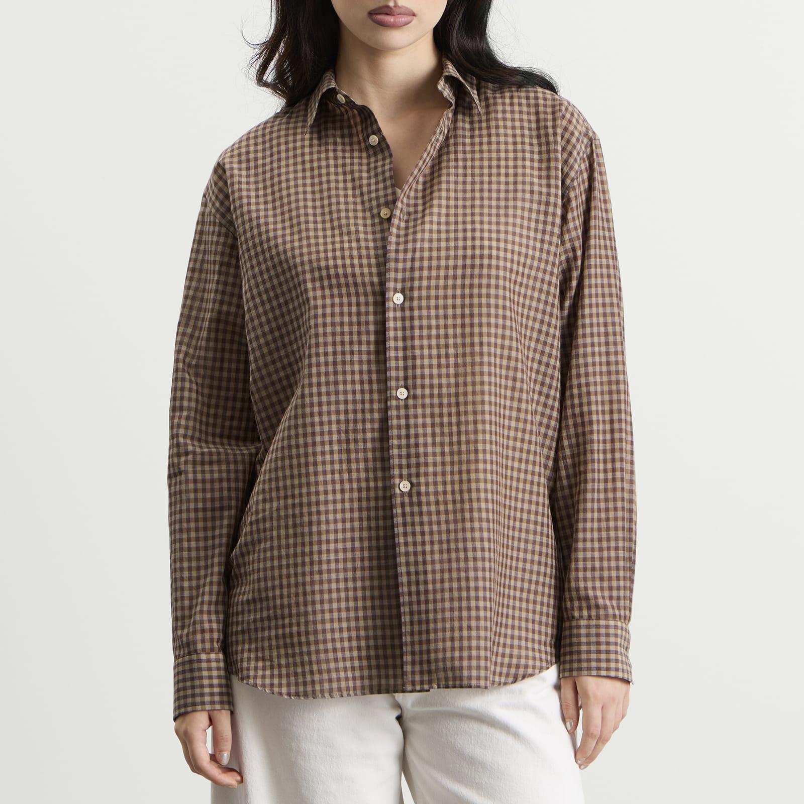 AURALEE Airy Light Cotton Check Shirt in Brown | Lyst