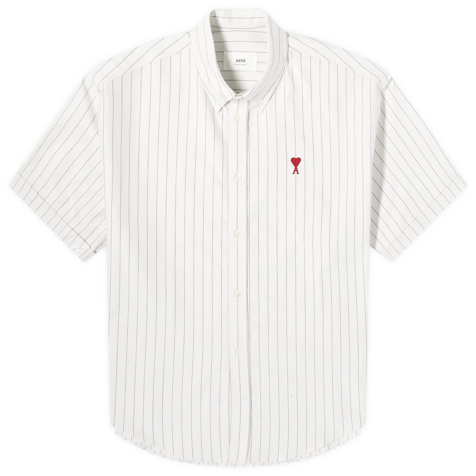 Ami Paris Boxy Fit Heart Short Sleeve Stripe Shirt in White