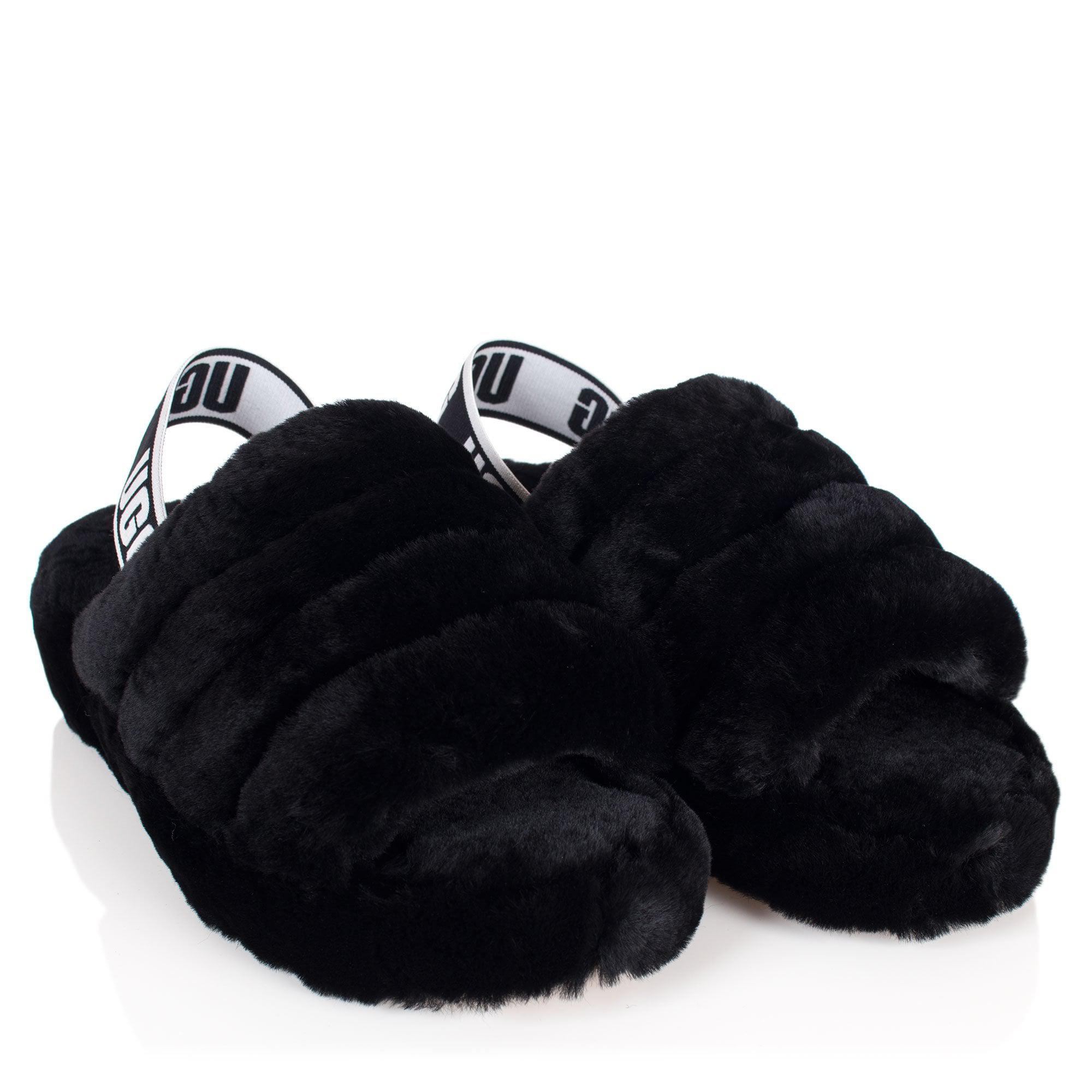 black furry ugg slides