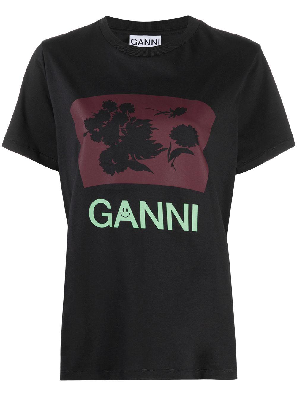 Ganni Floral-print Logo T-shirt in Black | Lyst