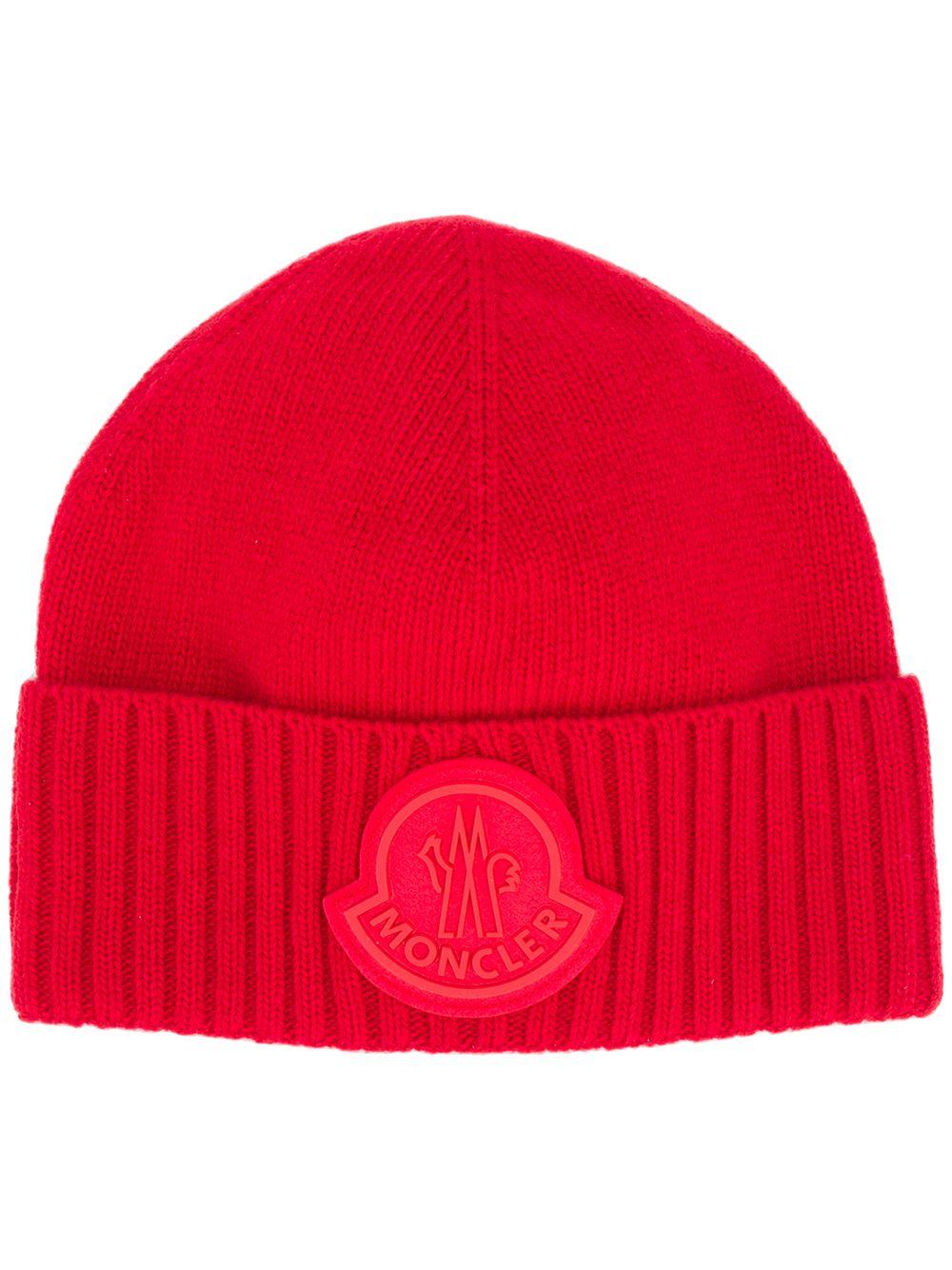Moncler Wool Ribbed Large Logo Beanie in Red for Men - Lyst