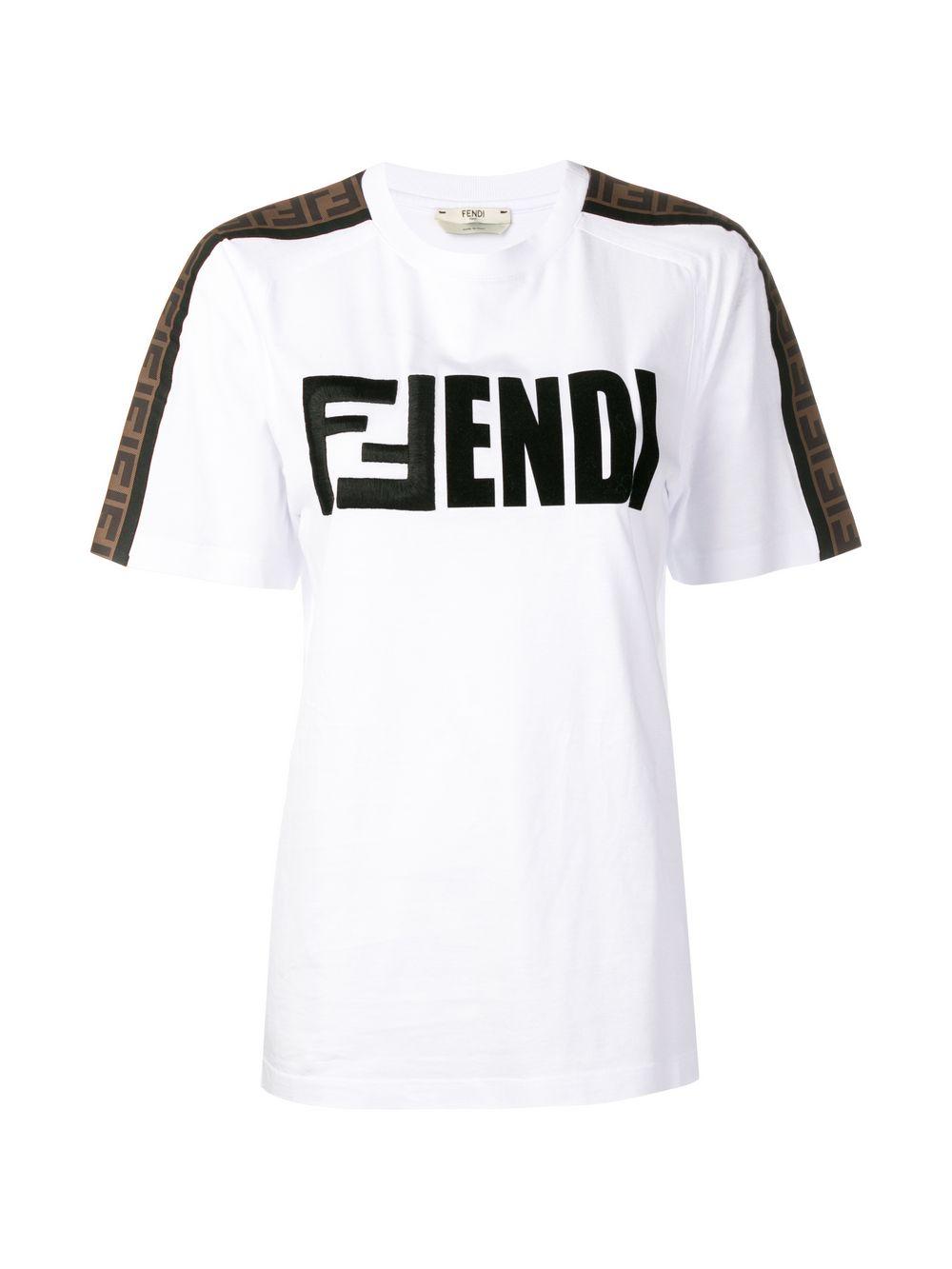 Fendi Logo Tape Short Sleeved T Shirt, Text-print Pattern in White Fendi Logo Tape Short Sleeved T Shirt, Text-print Pattern in White