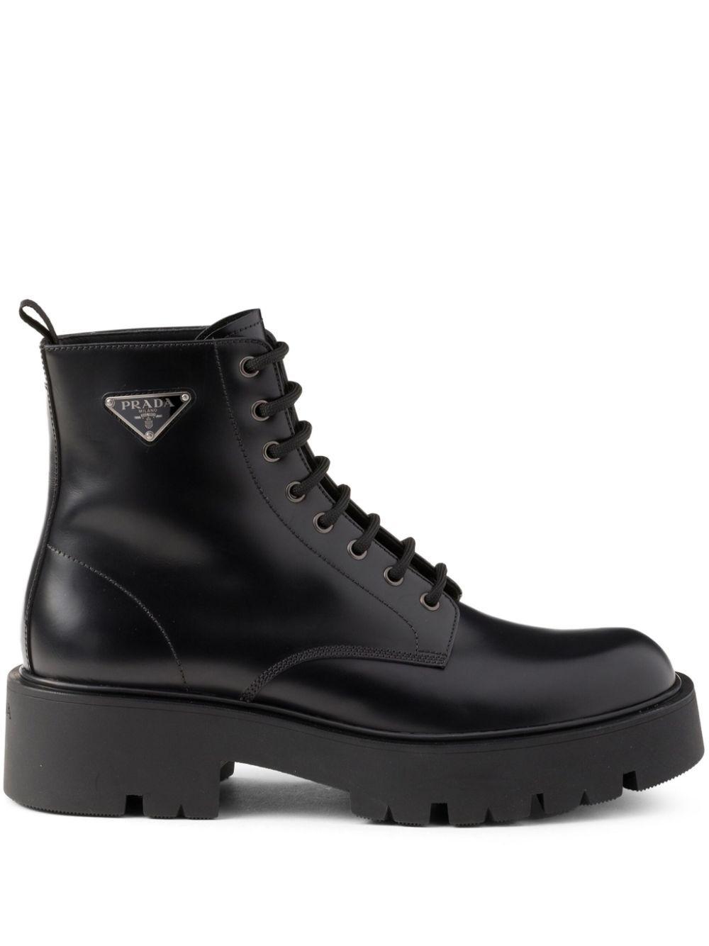 Prada Leather Logo Plate Lace Up Boots in Black for Men Lyst UK