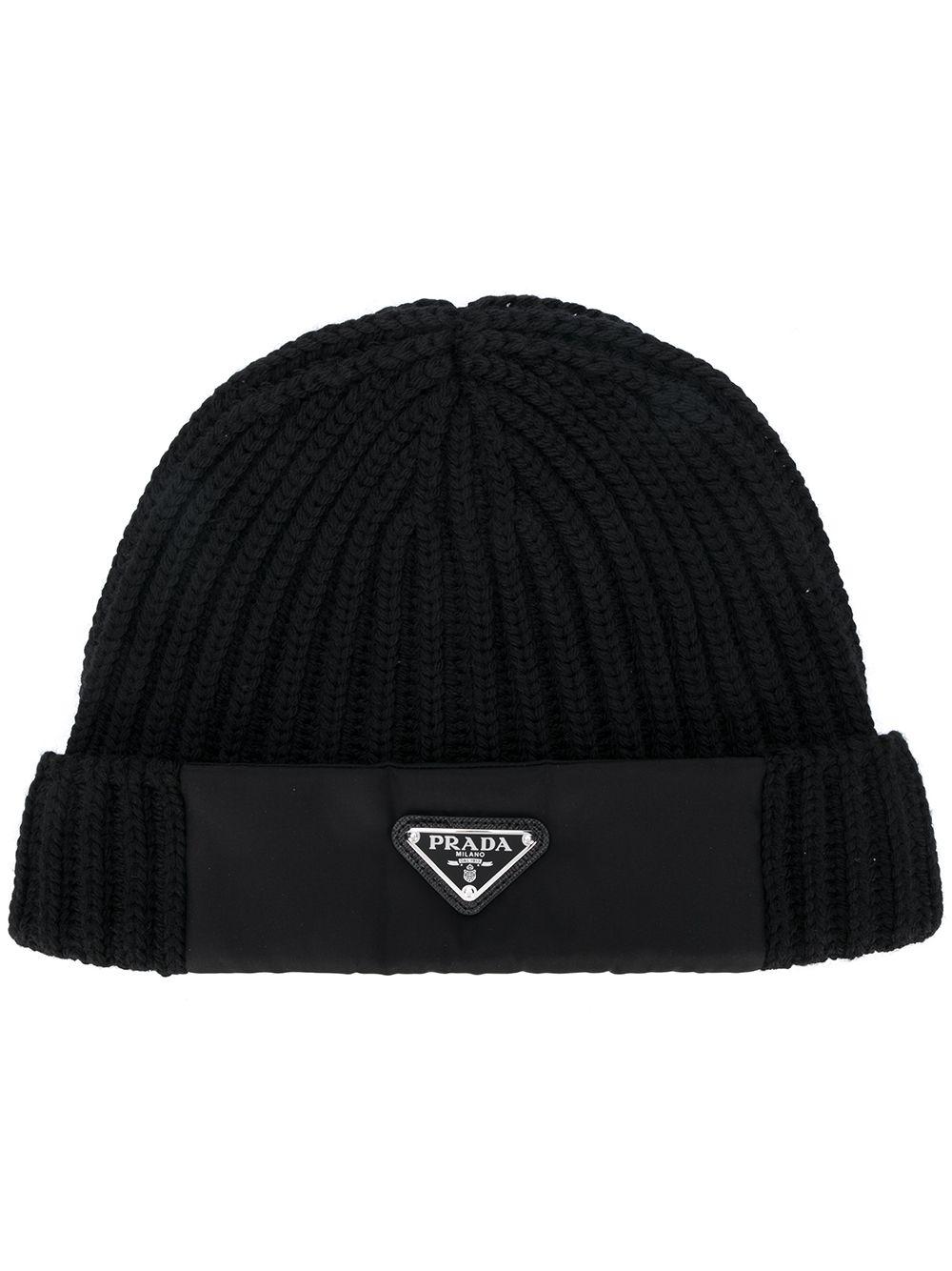 Prada Wool Logo Patch Ribknit Beanie Hat in Black for Men Lyst
