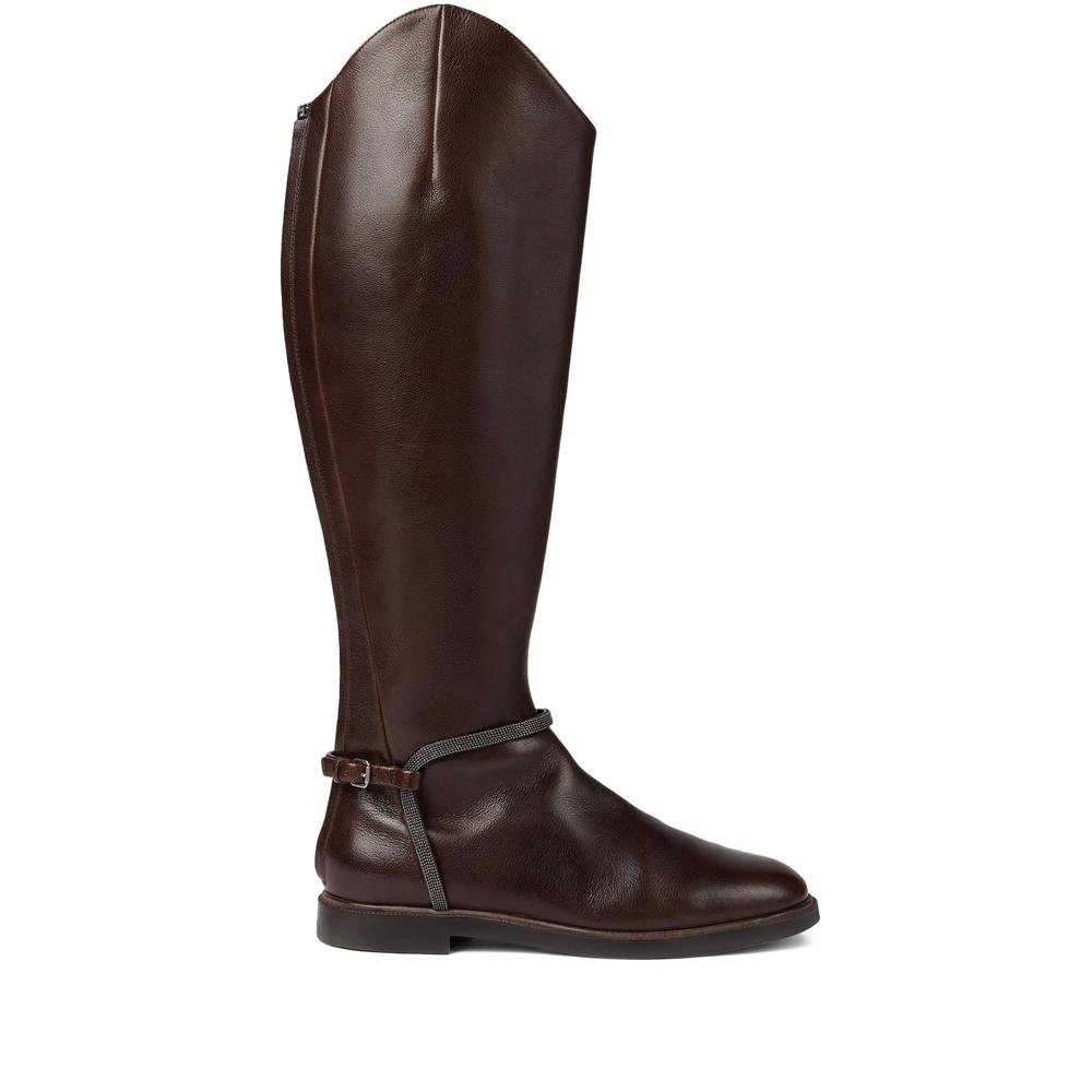 ブーツその他 Brunello Cucinelli Polished Brown Leather Boots With Zipper Brunello Cucinelli Knee-high boots for Women | Online Sale