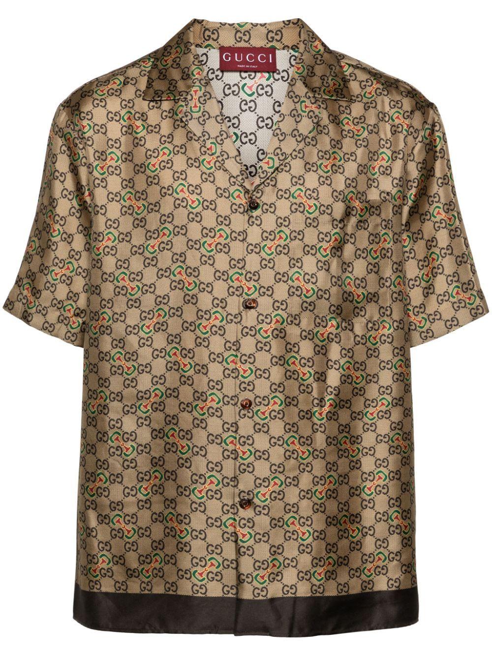 【送料込】GUCCI GG ホースビット シルク ツイル シャツ 半袖 GG ホースビット プリント シルクツイル シャツキャメル
