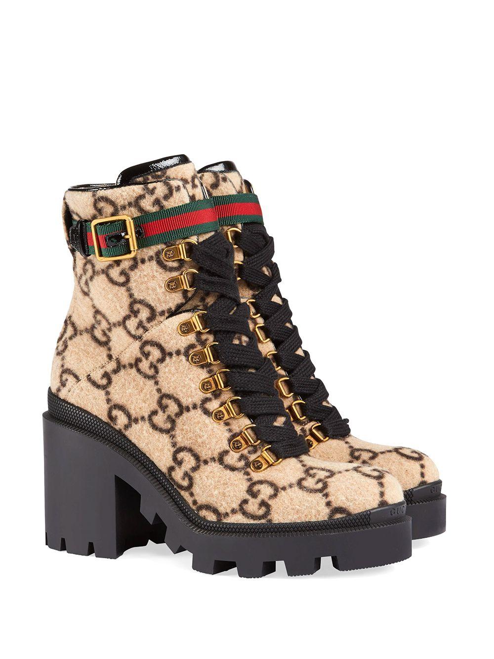 Gucci Lace Up Ankle Boots Trip Bootie Felt Logo Beige-combo - Lyst