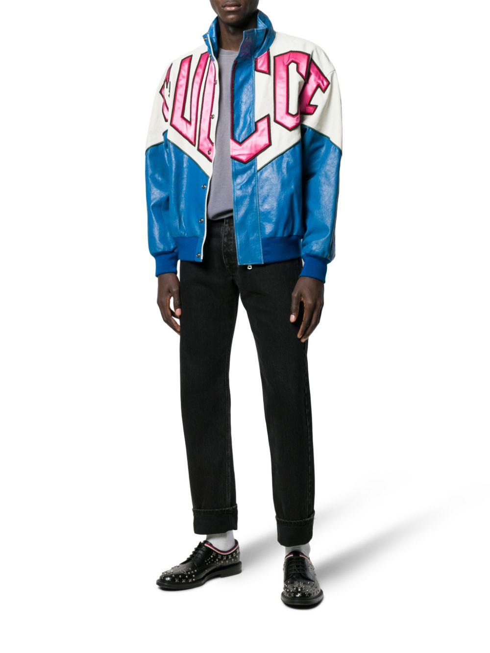 Gucci Logo Colorblocked Leather Bomber Jacket in Blue for Men | Lyst
