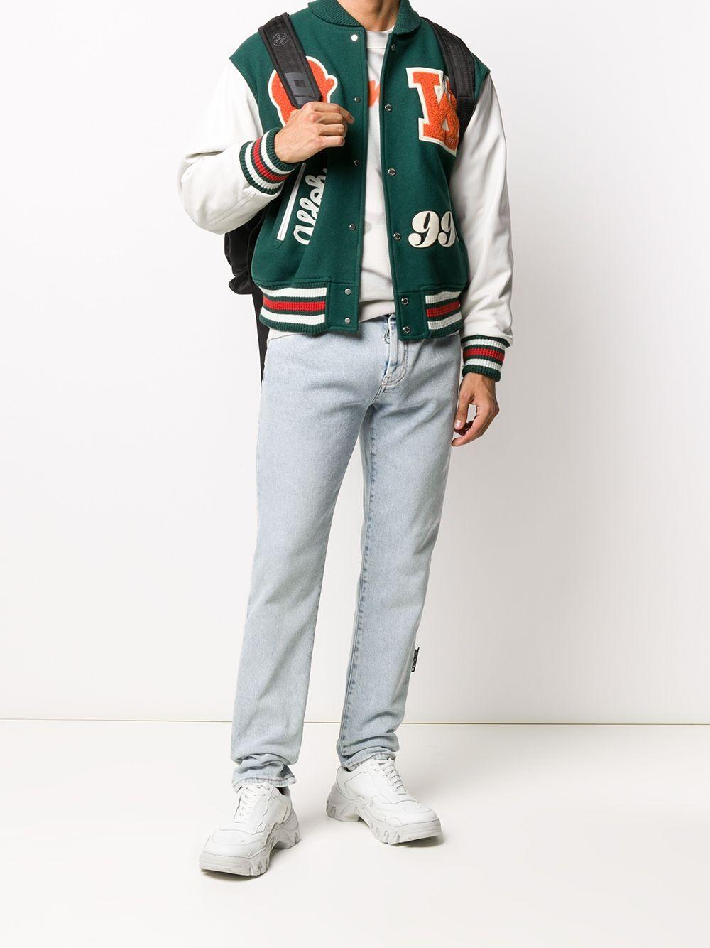 Off-White c/o Virgil Abloh Leather Logo Patches Varsity Jacket in Green for  Men | Lyst