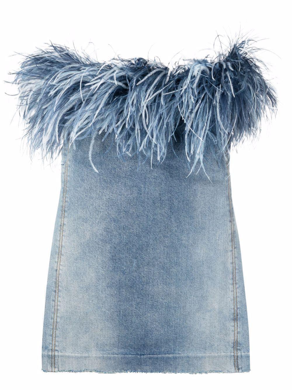 white christmas dresses CHIC AF DENIM MINI DRESS WITH FEATHERS – AKIRA