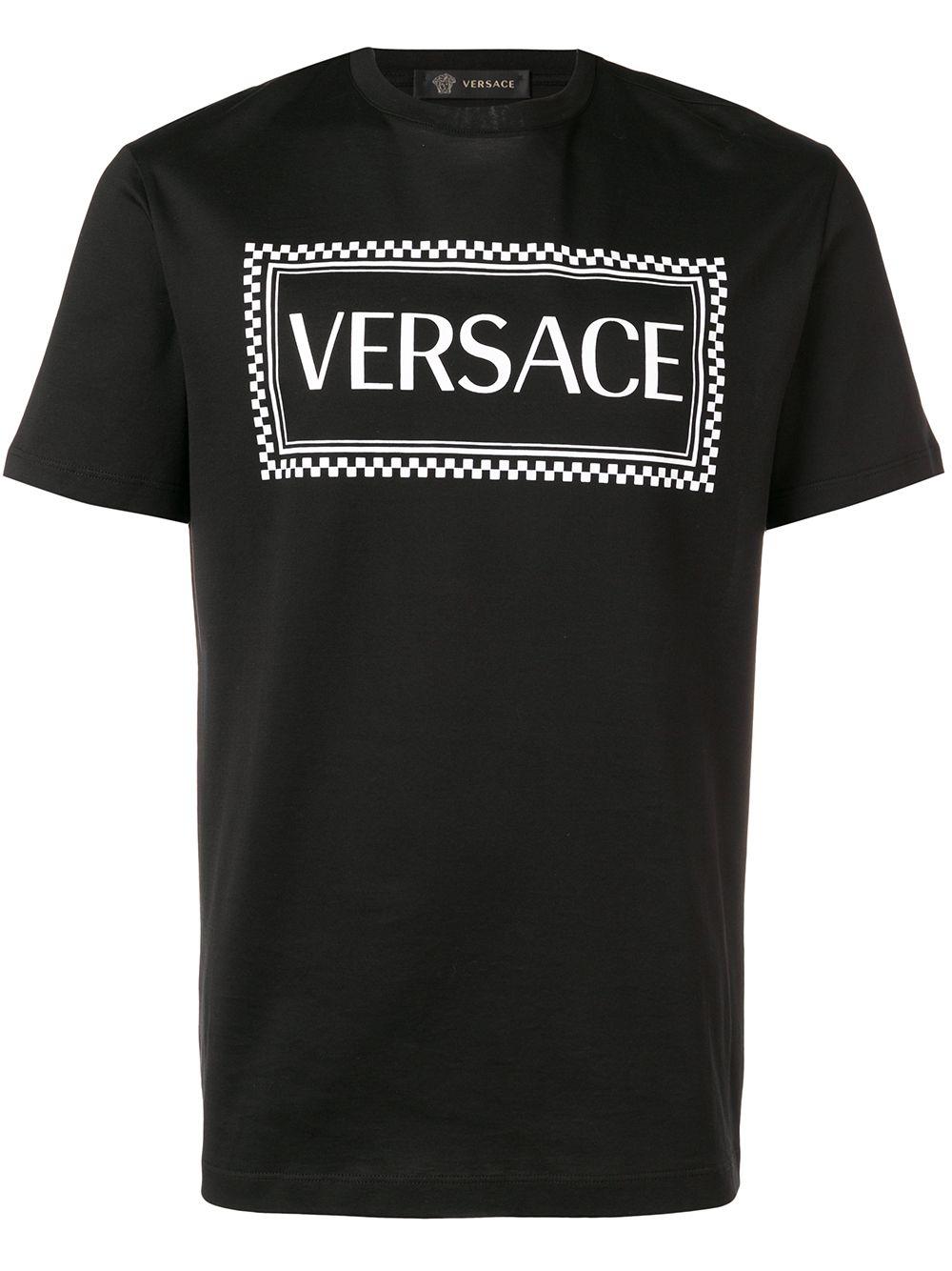 Versace Logo Check Print Cotton T Shirt in Nero (Black) for Men - Save ...