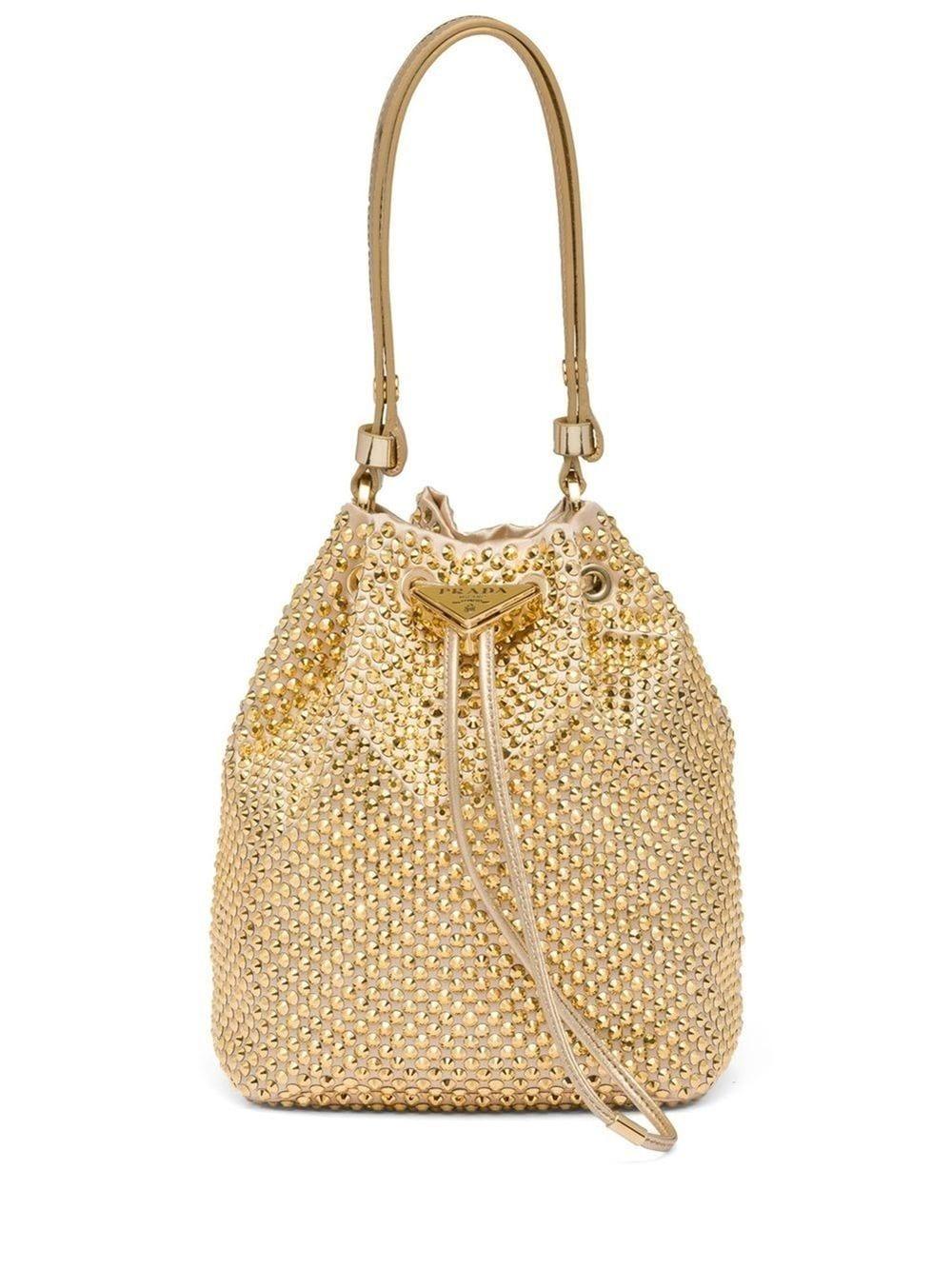 Prada Crystal-Embellished Woven Bucket Bag in Metallic | Lyst