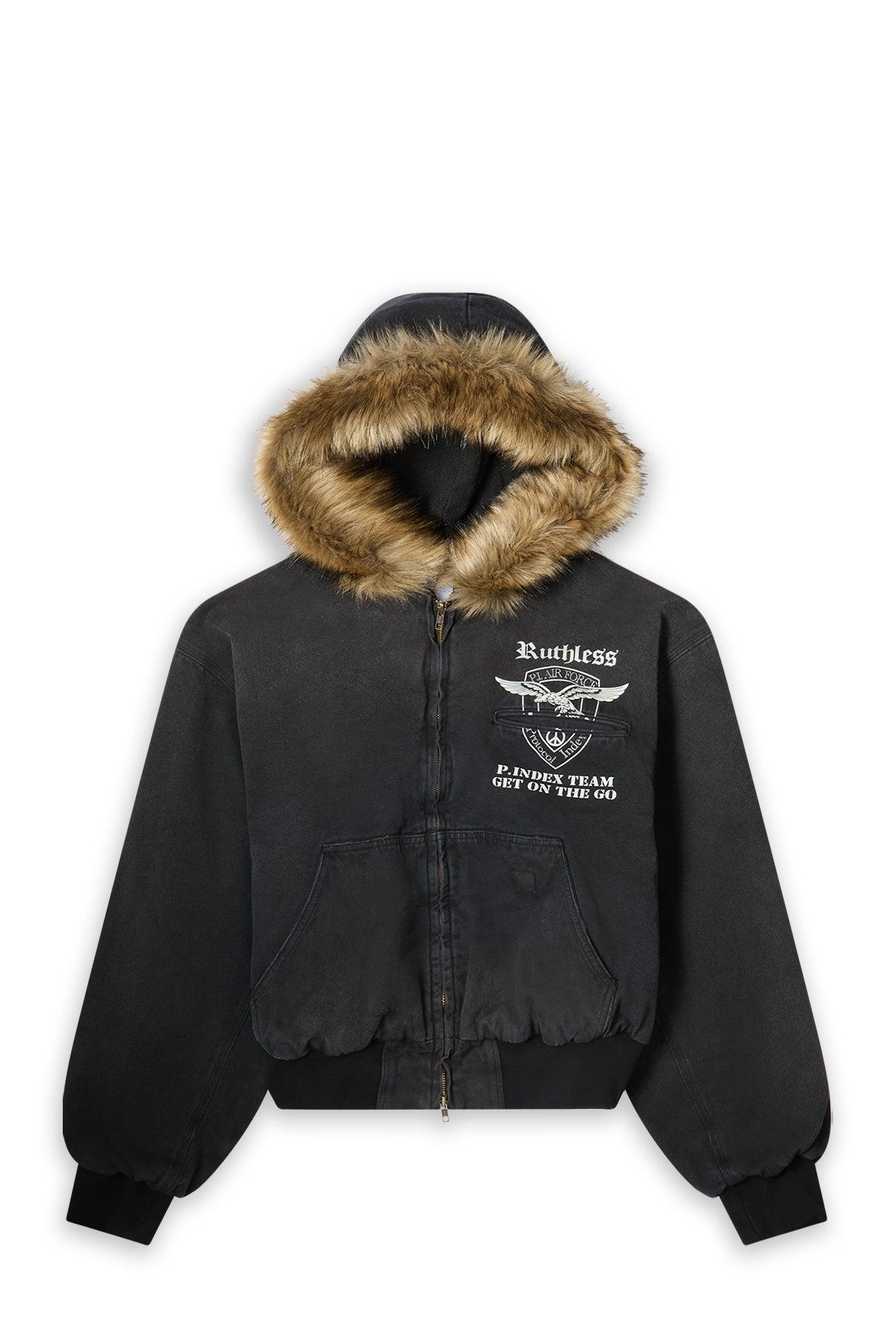 Protocol Index Detachable Fur Hoodied Work Jacket in Black for Men