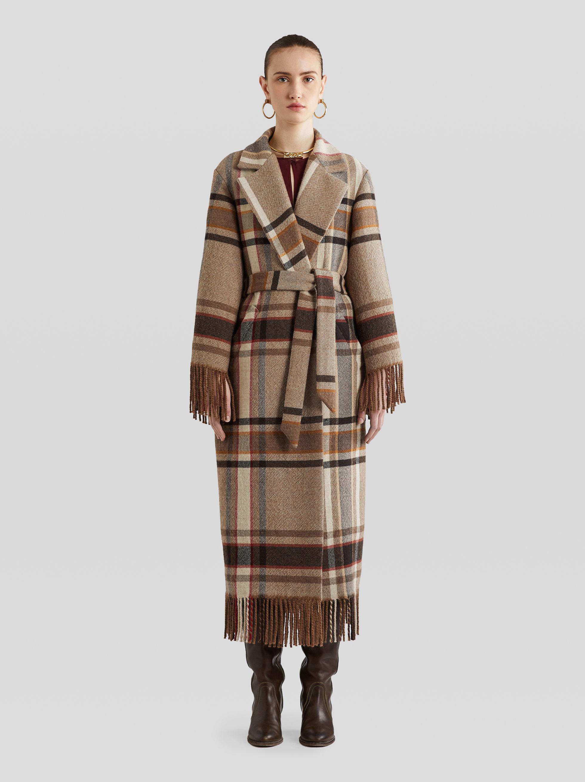 Etro Check Wool Coat With Fringe in Brown | Lyst