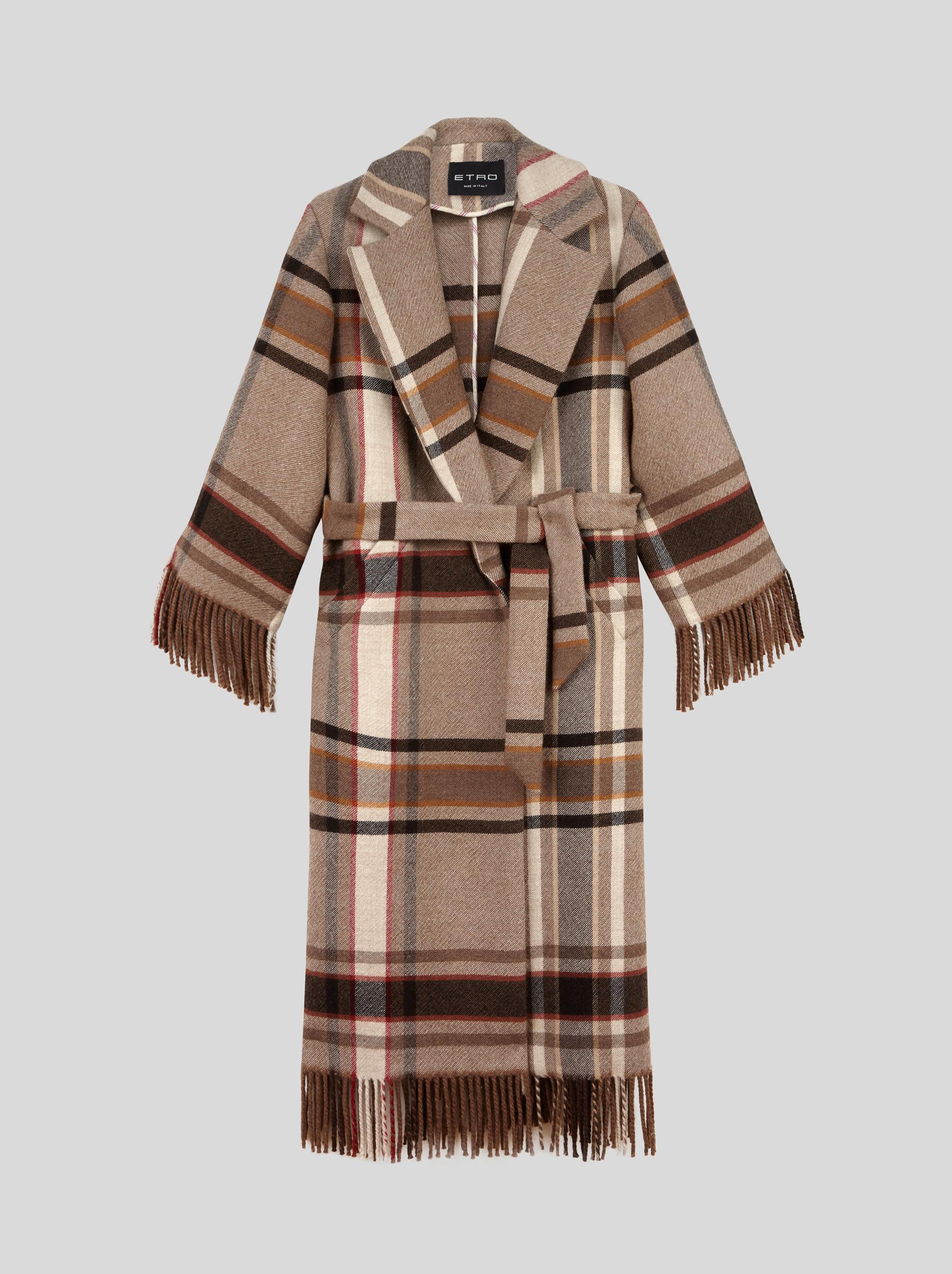 Etro Check Wool Coat With Fringe in Brown | Lyst