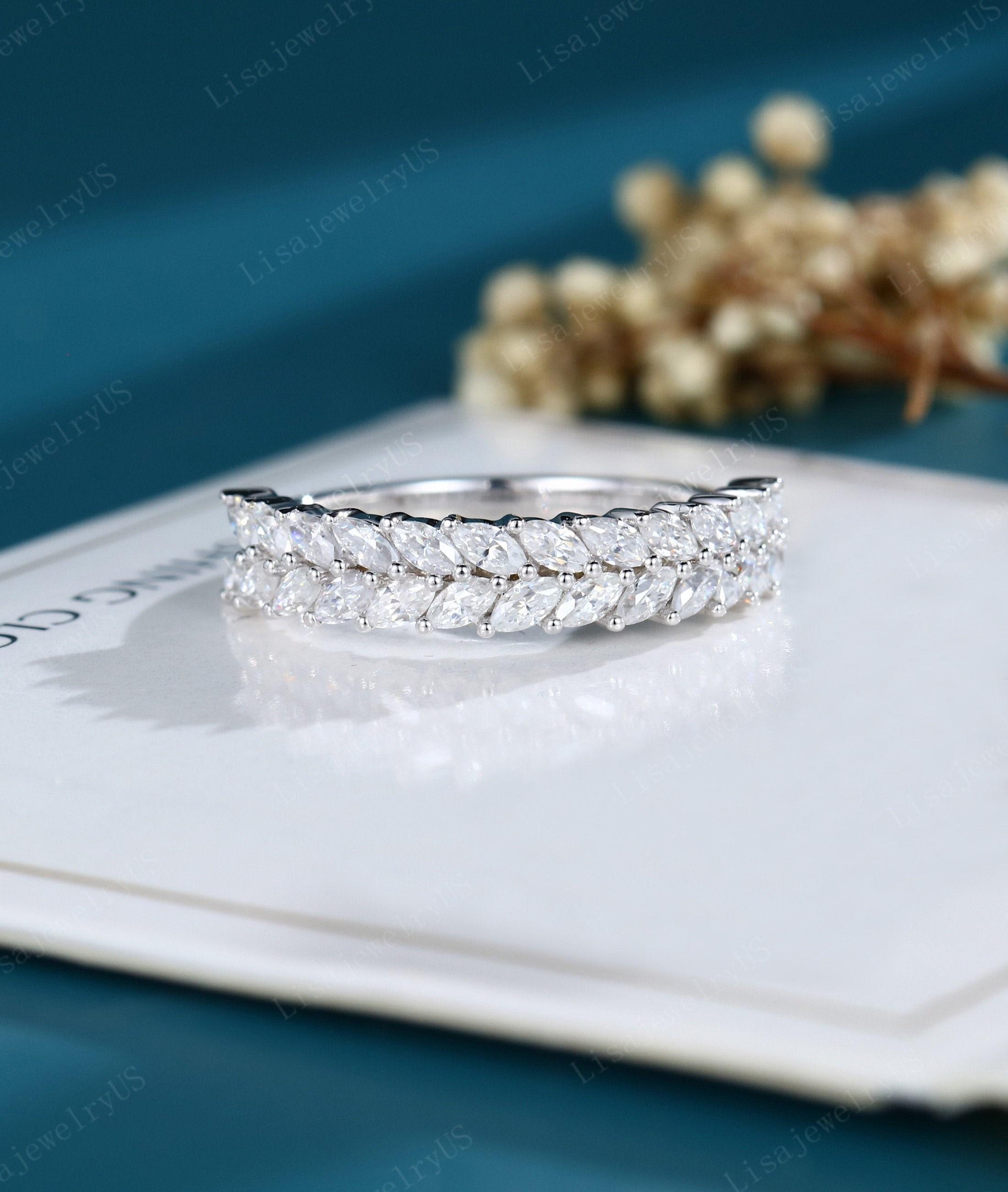 Vintage Moissanite wedding band Unique white gold  wedding band Half eternity marquise diamond ring dainty ring Matching band wedding ring