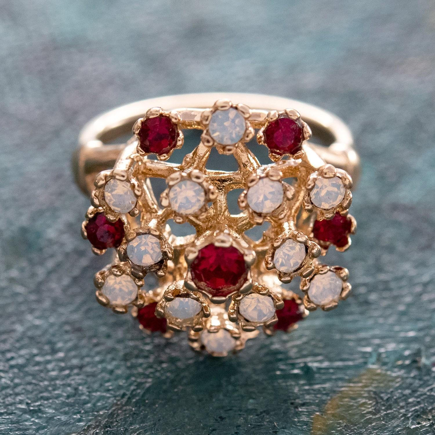 Providence Vintage Jewelry 1970s Ruby Austrian Crystal 18k Yellow Gold Electroplated Cocktail Ring 