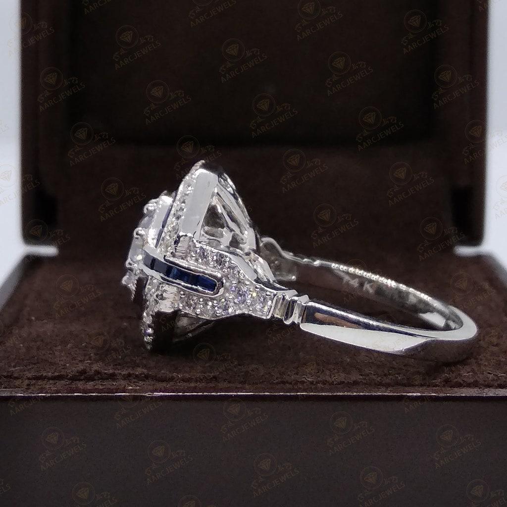 Vintage Reproduction Art Deco Style 2.40 Ct Round Cut Cz Diamond and Sapphire Antique Engagement Ring Art Deco Style Ring For Women