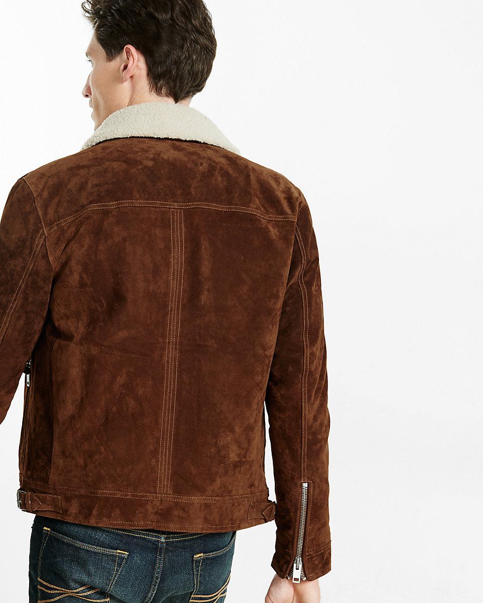 Express Genuine Suede Sherpa Collar Trucker Jacket in Brown for Men - Lyst