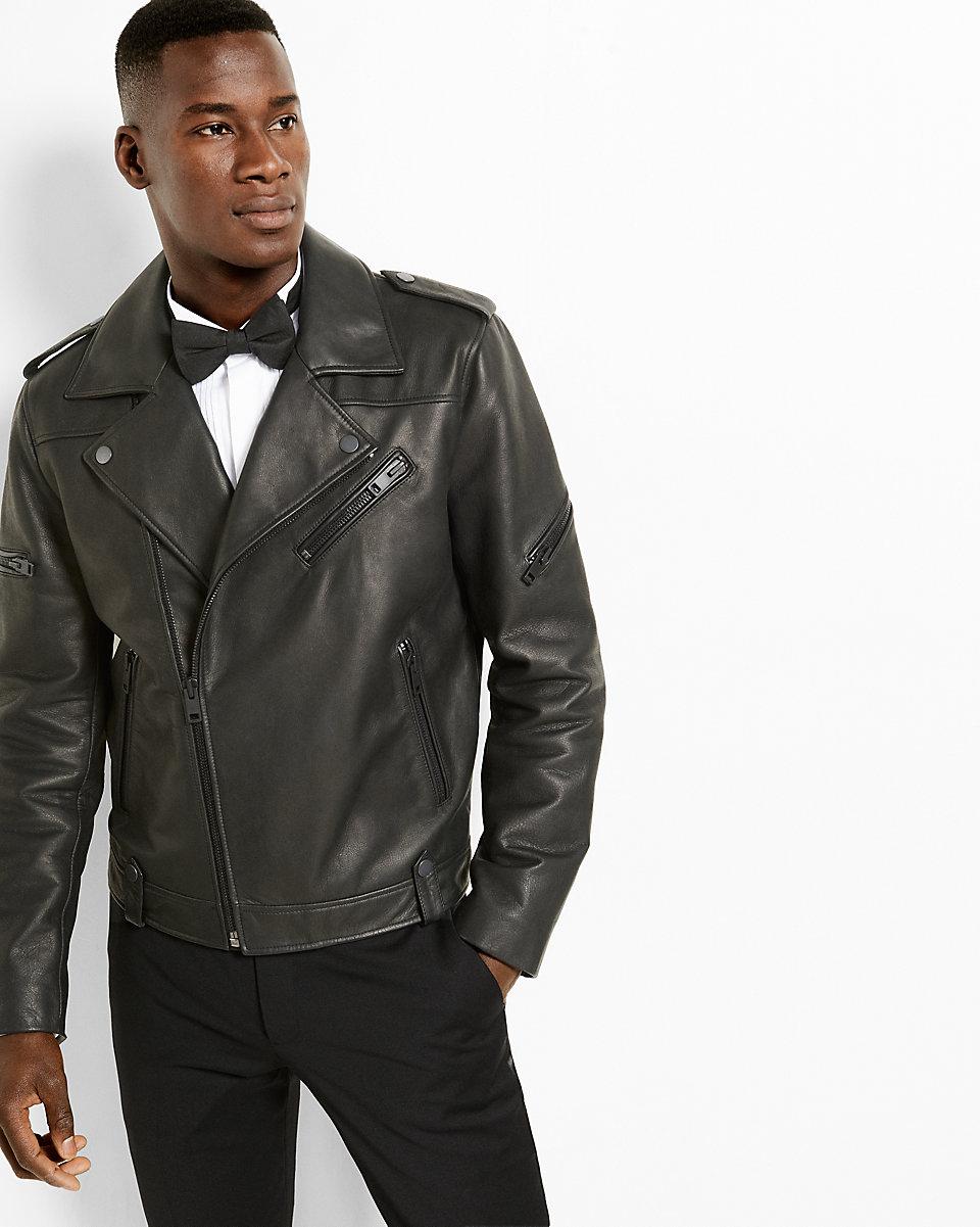 Express Leather Asymmetrical Moto Jacket in Black for Men