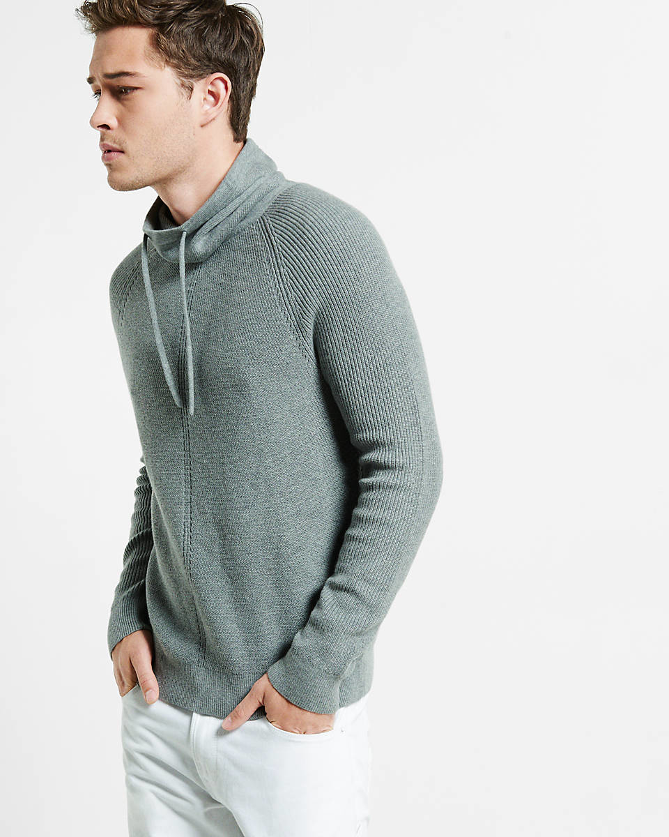 Drawstring Funnel Neck Engineered Rib Sweater