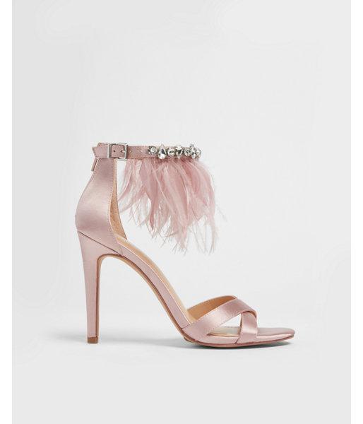 Express Feather And Rhinestone Satin Heeled Sandals in Pink - Lyst