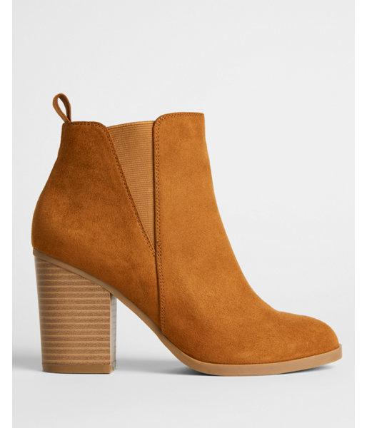Express Denim Heeled Booties in Brown 