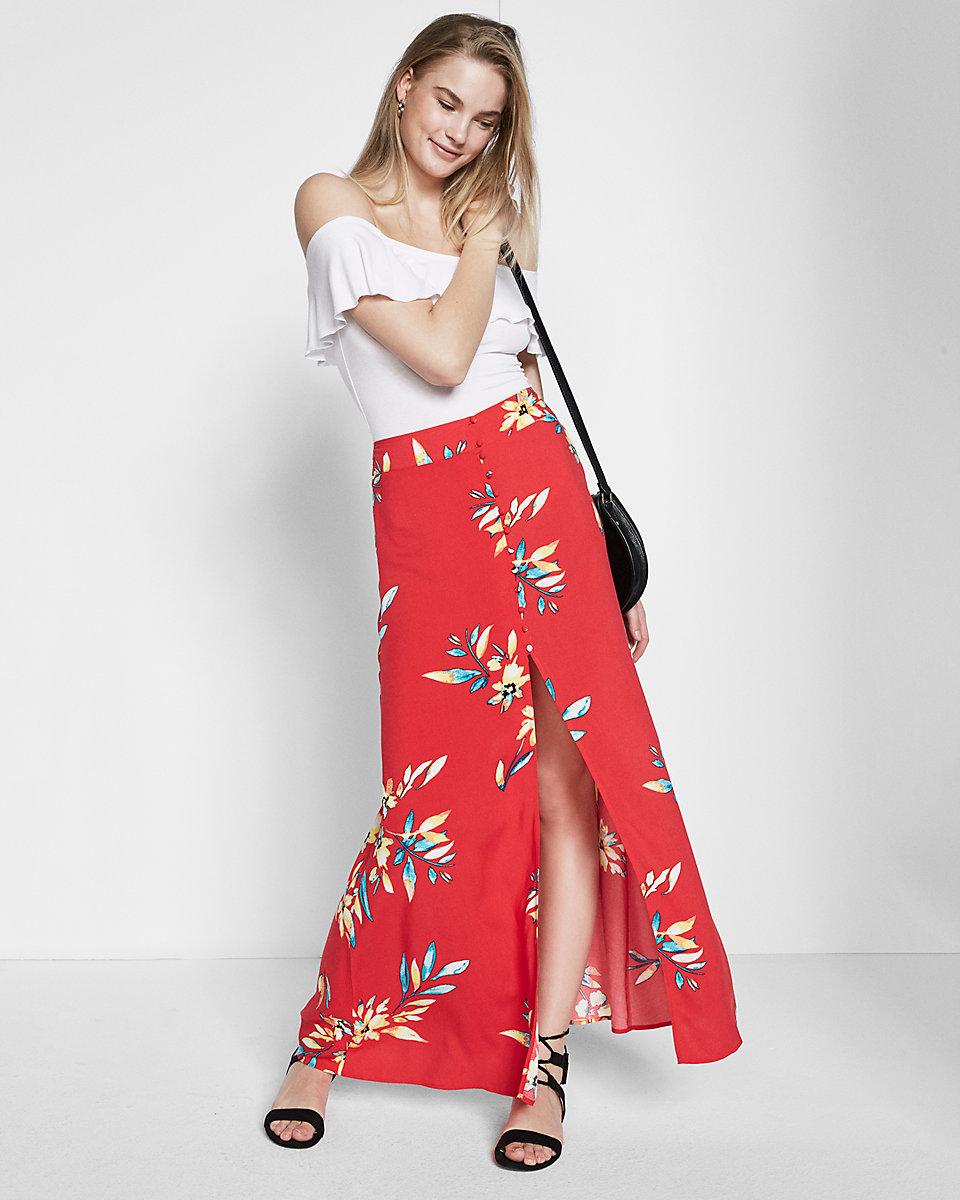 Lyst - Express High Waisted Floral Print Button Front Maxi Skirt in Red