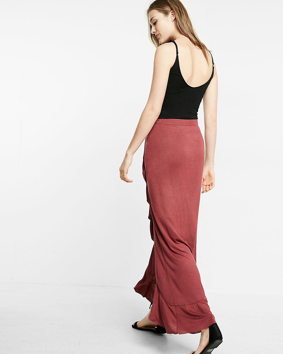 Express Ruffle Front Wrap Maxi Skirt in Red - Lyst