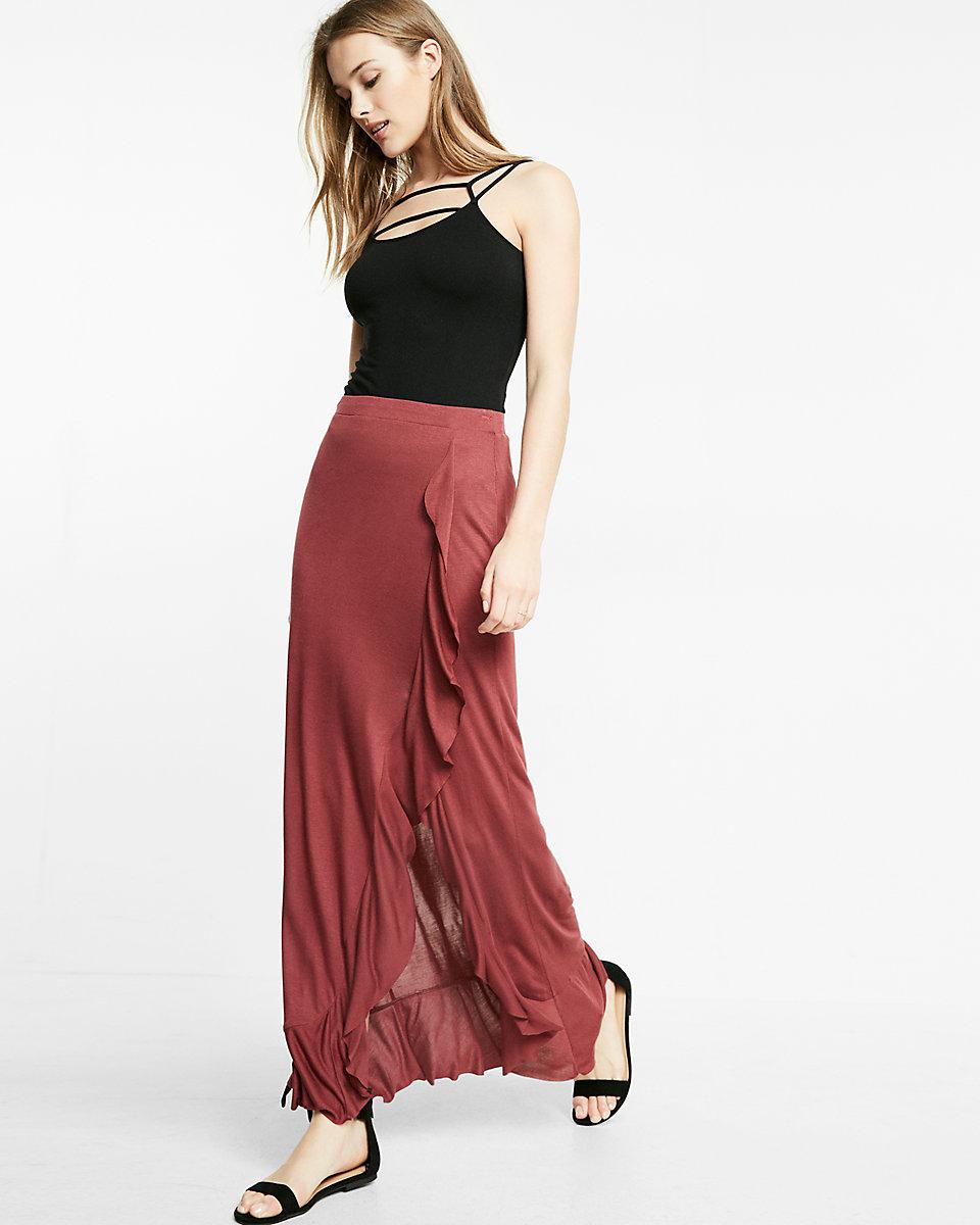 Express Ruffle Front Wrap Maxi Skirt in Red - Lyst