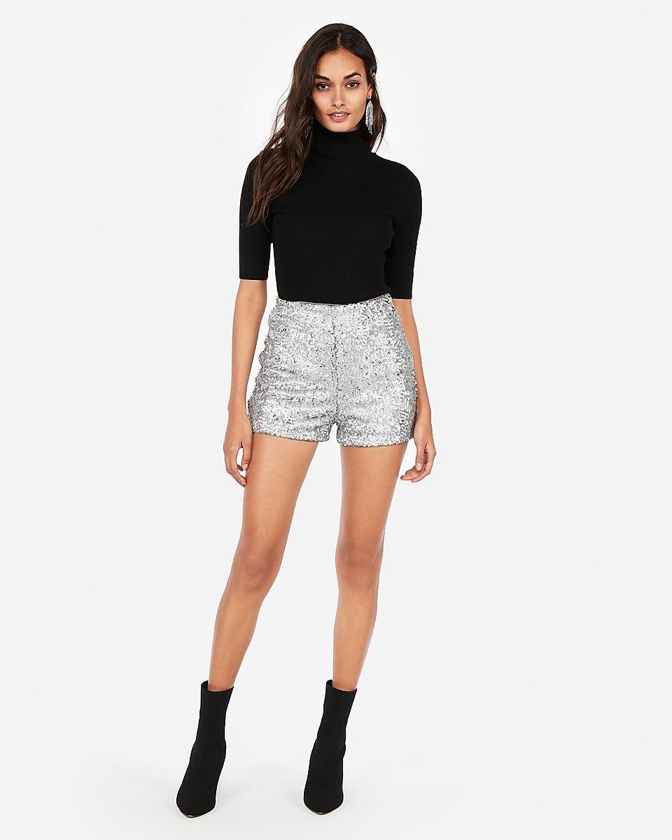 Express Super High Waisted Sequin Shorts Silver in Metallic | Lyst
