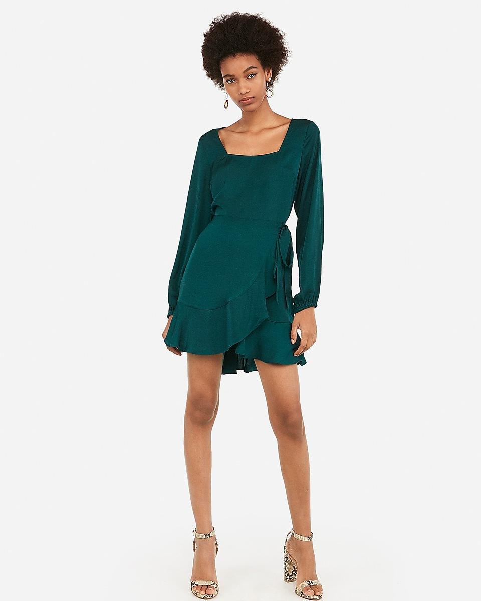 Express Square Neck Ruffle Wrap Dress Dark in Green | Lyst
