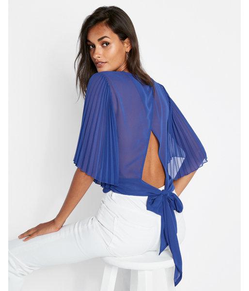 pleated kimono sleeve surplice wrap blouse