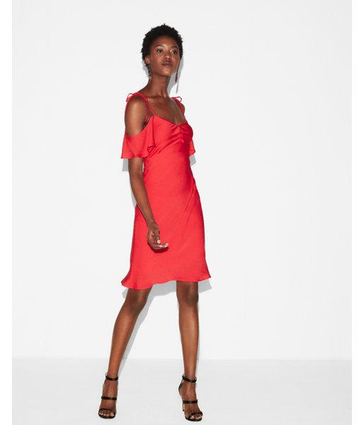 red cold shoulder midi dress